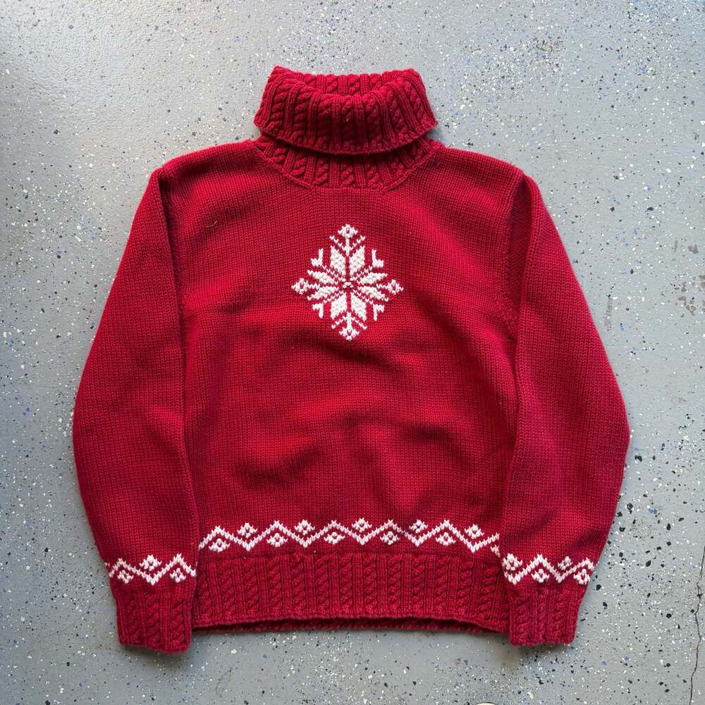 Lauren Ralph Lauren Hand Knit Cotton Berry Red Snowflake Turtleneck Sweater